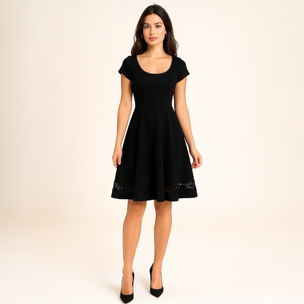 ModCloth Black Fit & Flare Lace Hem Midi Dress | Size Large